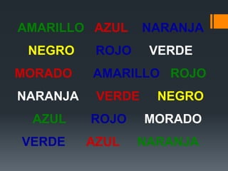 AMARILLO AZUL NARANJA
NEGRO ROJO VERDE
MORADO AMARILLO ROJO
NARANJA VERDE NEGRO
AZUL ROJO MORADO
VERDE AZUL NARANJA
 