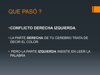 QUE PASÓ ?
CONFLICTO DERECHA IZQUIERDA.
LA PARTE DERECHA DE TU CEREBRO TRATA DE
DECIR EL COLOR.
 PERO LA PARTE IZQUIERDA INSISTE EN LEER LA
PALABRA
 