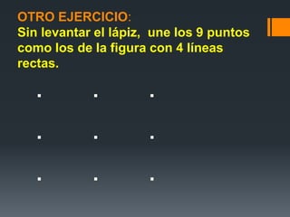 OTRO EJERCICIO:
Sin levantar el lápiz, une los 9 puntos
como los de la figura con 4 líneas
rectas.
. . .
. . .
. . .
 