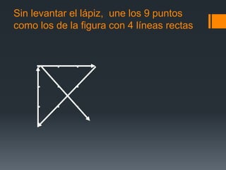 Sin levantar el lápiz, une los 9 puntos
como los de la figura con 4 líneas rectas
. . .
. . .
. . .
 