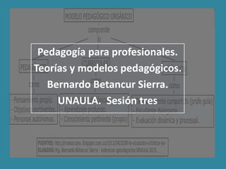 Pedagogía para profesionales.
Teorías y modelos pedagógicos.
Bernardo Betancur Sierra.
UNAULA. Sesión tres
 