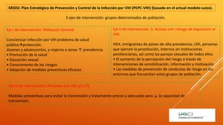 MSSSI: Plan Estratégico de Prevención y Control de la Infección por VIH (PEPC-VIH) (basado en el actual modelo suizo).
Eje II de intervención: S. Activas con >riesgo de exposición al
VIH.
HSH, inmigrantes de países de alta prevalencia, UDI, personas
que ejercen la prostitución, internos en instituciones
penitenciarias, así como las parejas sexuales de todos ellos.
• El aumento de la percepción del riesgo a través de
intervenciones de sensibilización, información y motivación
• Las medidas de prevención de conductas de riesgo en los
entornos que frecuentan estos grupos de población.
3 ejes de intervención: grupos determinados de población.
Eje I de intervención: Población General
Concienciar infección por VIH problema de salud
públicaprotección.
Jóvenes y adolescentes, y viajeros a zonas ↑ prevalencia.
• Promoción de la salud
• Educación sexual
• Conocimiento de los riesgos
• Adopción de medidas preventivas eficaces
Eje III de intervención: Personas con VIH y/o ITS.
Medidas preventivas para evitar la transmisión y tratamiento precoz y adecuado para ↓ la capacidad de
transmisión.
 