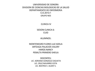 UNIVERSIDAD DE SONORA
DIVISION DE CIENCIAS BIOLOGICAS DE LA SALUD
DEPARTAMENTO DE ENFERMERIA
C.E.2013-1
GRUPO N03
CLINICA IV
SESION CLINICA 6:
CUID
ALUMNOS:
MONTENEGRO FLORES LUZ ADELA
ARTEAGA PALACIOS VALERY
HAROS NANCY
PERALTA PRIMERO SHEILA
DOCENTES:
LIC. ADRIANA GONZALEZ ZAZUETA
LIC. CRUZ NAVARRO COTA
LIC. BEATRIZ E. ALDAY S.
 
