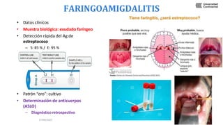 FARINGOAMIGDALITIS
• Datos clínicos
• Muestra biológica: exudado faríngeo
• Detección rápida del Ag de
estreptococo
– S: 85 % / E: 95 %
• Patrón “oro”: cultivo
• Determinación de anticuerpos
(ASLO)
– Diagnóstico retrospectivo
27/09/2022 6
 