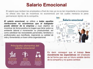Salario Emocional
El salario que reciben los empleados a final de mes ya no es tan importante si la empresa
no ofrece otro tipo de incentivos no económicos por los cuales merezca la pena
permanecer dentro de la compañía.
El salario emocional, se refiere a todas aquellas
retribuciones no económicas que el trabajador
puede obtener de la empresa y cuyo objetivo es
incentivar de forma positiva la imagen que tiene sobre su
ambiente laboral e incrementar su productividad, así
como satisfacer las necesidades personales, familiares o
profesionales que manifiesta, mejorando su calidad de
vida y fomentando un buen clima organizacional.
Es decir, conseguir que el trabajo llene
moralmente las expectativas del empleado
de tal forma que vea un futuro estable dentro
de la compañía y no quiera cambiar.
 