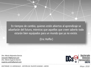 Dra. María Alejandra García
maryale778@gmail.com
Dra. María Eugenia García
eugenia.unefm@gmail.com
Mayo 2018
DOCTORARO CS. GERENCIALES - GESTIÓN DEL TALENTO HUMANO - UNEFM
 