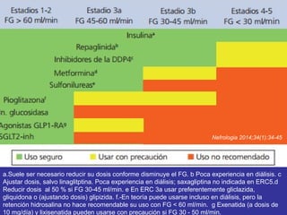 Nefrologia 2014;34(1):34-45 
a.Suele ser necesario reducir su dosis conforme disminuye el FG. b Poca experiencia en diálisis. c 
Ajustar dosis, salvo linaglitptina. Poca experiencia en diálisis; saxagliptina no indicada en ERC5.d 
Reducir dosis al 50 % si FG 30-45 ml/min. e En ERC 3a usar preferentemente gliclazida, 
gliquidona o (ajustando dosis) glipizida. f.-En teoría puede usarse incluso en diálisis, pero la 
retención hidrosalina no hace recomendable su uso con FG < 60 ml/min. g Exenatida (a dosis de 
10 mg/día) y lixisenatida pueden usarse con precaución si FG 30 - 50 ml/min. 
 