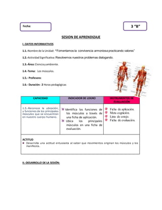 SESION DE APRENDIZAJE
I.-DATOS INFORMATIVOS
1.1.-Nombre de la Unidad: “Fomentamos la convivencia armoniosa practicando valores”
1.2.-ActividadSignificativa: Resolvemos nuestros problemas dialogando.
1.3.-Área: Cienciayambiente.
1.4.-Tema: Los músculos.
1.5.- Profesora:
1.6.- Duración: 2 Horas pedagógicas
CAPACIDAD INDICADOR DE LOGRO INSTRUMENTOS DE
EVALUACIÓN
1.5.-Reconoce la ubicación,
y funciones de los principales
músculos que se encuentran
en nuestro cuerpo humano.
Identifica las funciones de
los músculos a través de
una ficha de aplicación.
Ubica los principales
músculos en una ficha de
evaluación.
Ficha de aplicación.
Meta cognición.
Lista de cotejo.
Ficha de evaluación.
ACTITUD
Desarrolla una actitud entusiasta al saber que movimientos originan los músculos y los
manifiesta.
II.-DESARROLLO DE LA SESIÓN:
Fecha: 3 “B”
 