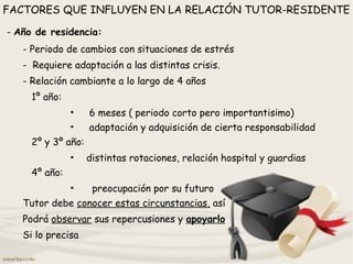FACTORES QUE INFLUYEN EN LA RELACIÓN TUTOR-RESIDENTE
- Año de residencia:
- Periodo de cambios con situaciones de estrés
- Requiere adaptación a las distintas crisis.
- Relación cambiante a lo largo de 4 años
1º año:
• 6 meses ( periodo corto pero importantisimo)
• adaptación y adquisición de cierta responsabilidad
2º y 3º año:
• distintas rotaciones, relación hospital y guardias
4º año:
• preocupación por su futuro
Tutor debe conocer estas circunstancias, así
Podrá observar sus repercusiones y apoyarlo
Si lo precisa
 