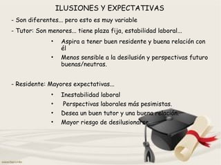 ILUSIONES Y EXPECTATIVAS
- Son diferentes... pero esto es muy variable
- Tutor: Son menores... tiene plaza fija, estabilidad laboral...
• Aspira a tener buen residente y buena relación con
él
• Menos sensible a la desilusión y perspectivas futuro
buenas/neutras.
- Residente: Mayores expectativas...
• Inestabilidad laboral
• Perspectivas laborales más pesimistas.
• Desea un buen tutor y una buena relación.
• Mayor riesgo de desilusionarse.
 