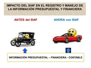 IMPACTO DEL SIAF EN EL REGISTRO Y MANEJO DE
LA INFORMACIÓN PRESUPUESTAL Y FINANCIERA
ANTES del SIAF AHORA con SIAF
INFORMACIÓN PRESUPUESTAL – FINANCIERA - CONTABLE
 
