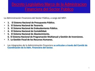 Decreto Legislativo Marco de la Admistracion
Financiera del Sector Público
•
La Administración Financiera del Sector Público, a cargo del MEF:
• 1. El Sistema Nacional de Presupuesto Público.
• 2. El Sistema Nacional de Tesorería.
• 3. El Sistema Nacional de Endeudamiento Público.
• 4. El Sistema Nacional de Contabilidad.
• 5. El Sistema Nacional de Abastecimiento.
6. El Sistema Nacional de Programación Multianual y Gestión de Inversiones.
• 7. La Gestión Fiscal de los Recursos Humanos.
• Los integrantes de la Administración Financiera se articulan a través del Comité de
Coordinación de la Adm. Financiera del Sector.
6
 