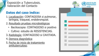 Exposición a Tuberculosis.
Valoración del Contacto
Datos del caso índice:
1. Localización: CONTAGIOSA si pulmonar,
larínge...