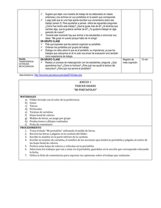  Sugiere que elijan una muestra de trabajo de los elaborados en clases
anteriores y los archiven en sus portafolios en la sesión que corresponde.
 Luego pide que en una hoja aparte escriban sus comentarios sobre ese
trabajo (anexo 2). Para ayudarlos a pensar, utiliza las siguientes preguntas:
¿Cómo has hecho este trabajo? ¿Qué te gusta más de él? ¿Si tendrías que
cambiar algo, que te gustaría cambiar de él? ¿Te gustaría trabajar en algo
parecido de nuevo?
 Durante este momento hay que animar a los estudiantes a comunicar sus
ideas: “Me gusta mi cuento porque hablo de mi amigo”
EN GRUPO CLASE
 Pide que expresen qué les pareció organizar su portafolio.
 Ordenan los portafolios por grupos de trabajo.
 Dialoga con ellos sobre lo que es el portafolio, su importancia, ya que los
trabajos que colocamos en él no solo nos sirven de evaluación sino también
como experiencia de trabajo.
SALIDA
TRANSFERENCIA
EXTENCION
METACOGNICION
EN GRUPO CLASE
 Realiza un proceso de metacognición con los estudiantes, pregunta: ¿Qué
aprendimos hoy? ¿Cómo lo hicimos? ¿Para qué nos ayudó la lectura del
instructivo? ¿Para qué nos servirá el portafolio?
Registro de
meta cognición
10 min
BIBLIOGRAFIA: http://recursos.perueduca.pe/rutas2014/index.php
Anexo 1
Tercer Grado
“Mi portafolio”
MATERIALES
a) Fólder forrado con el color de tu preferencia
b) Goma
c) Tijeras
d) Perforador
e) Tarjetas de cartulina
f) Hojas bond de colores
g) Moldes de letras, un juego por grupo
h) Producciones y dibujos realizados
i) Ficha de comentario
PROCEDIMIENTO
1. Traza el título “Mi portafolio” utilizando el molde de letras.
2. Recorta las letras y pégalas en la carátula del fólder.
3. Escribe tu nombre en la parte inferior de la carátula.
4. Escribe en tarjetas de cartulina, el nombre de las secciones que tendrá tu portafolio y pégalas al centro de
las hojas bond de colores.
5. Perfora estas hojas de colores y colócalas en tu portafolio.
6. Selecciona los trabajos que van a estar en el portafolio, guárdalos en la sección que corresponde colocando
la fecha.
7. Utiliza la ficha de comentarios para expresar tus opiniones sobre el trabajo que realizaste.
 