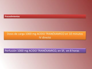 Procedimientos

Dosis de carga 1000 mg ACIDO TRANÉXAMICO en 10 minutos
IV directo

Perfusión 1000 mg ACIDO TRANÉXAMICO, en SF, en 8 horas

 