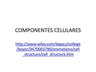 COMPONENTES CELULARES
http://www.wiley.com/legacy/college
/boyer/0470003790/animations/cell
_structure/cell_structure.htm
 