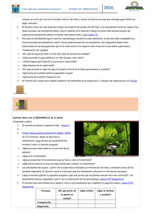 “JOSÉ ABELARDO QUIÑONES GONZALES” SESIÓN DE APRENDIZAJE 2016
realizar un corte de 2 cm en el extremo inferior del tallo y colocar el resto en un vaso que contenga agua teñida con
algún colorante.
 El docente coloca en cada mesa de trabajo una muestra de conducción del tallo, y los estudiantes harán las respectivas
observaciones. Los estudiantes deben colocar también en la mesa de trabajo los materiales necesarios para las
experiencias propuestas: planta, sorbetes, vaso descartable y agua (anexo 3).
 Para que los estudiantes logren construir aprendizajes durante la experimentación, el docente debe acompañarlos y
hacerles preguntas mediadoras a partir de las observaciones de los estudiantes. Sus respuestas deben estar
sustentadas en las averiguaciones que en la clase anterior se dejaron como tarea de la casa sobre capilaridad y
transpiración, por ejemplo:
— ¿Por qué las hojas del tallo o la flor del clavel se encuentran teñidas?
— ¿Cómo asciende el agua teñida por el tallo del apio o del clavel?
— ¿Tendrá alguna participación la acción de la capilaridad?
— ¿Qué sabemos de la capilaridad?
— ¿Por qué se observa vapor de agua en la parte interna de la bolsa que envuelve a la planta?
— ¿Qué parte de la planta estaría expulsando el agua?
— ¿Qué parte de la planta transpira?, etc.
 Al término de la experiencia deben presentar los resultados de su experiencia. o dibujar sus experiencias con Pixiclip
Continúa ahora con el DESARROLLO de la sesión
Comprende y aplica
 El docente presenta el siguiente video Anexo 4

 https://www.youtube.com/watch?v=a8vFp_3vFEk,
de 4:37 minutos, donde se describe la
fotosíntesis. Luego de que los estudiantes han
mirado el video, el docente pregunta:
— ¿Qué procesos intervienen en la nutrición de las
plantas?
— ¿Qué es la fotosíntesis?
— ¿Qué procesos han intervenido para que se lleve a cabo la fotosíntesis?
— ¿Qué estructuras de la hoja son importantes para realizar la fotosíntesis?
 Los estudiantes del equipo, a partir de la experiencia realizada y la información del video, conversan acerca de las
posibles respuestas. El docente repite el video para que los estudiantes refuercen la información necesaria.
 Luego el docente plantea la siguiente pregunta: ¿por qué se dice que las plantas realizan nutrición autótrofa? , los
estudiantes dan sus respuestas a partir de la construcción de los aprendizajes. anexo 5 (3ª Diapositiva)
 El docente hace una síntesis de la sesión e indica a los estudiantes que completen el siguiente cuadro. anexo 5 (4ª
Diapositiva)
Procesos ¿En qué parte de
la planta se
realiza?
¿Qué utiliza? ¿Qué se obtiene
o produce?
Transpiración
Respiración
 