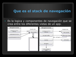 Que es el stack de navegación

• Es la logica y componentes de navegación que se
  crea entre los diferentes vistas de un app.
 
