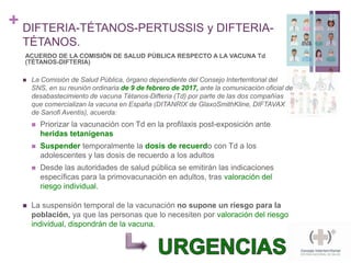 +
ACUERDO DE LA COMISIÓN DE SALUD PÚBLICA RESPECTO A LA VACUNA Td
(TÉTANOS-DIFTERIA)
23
 La Comisión de Salud Pública, órgano dependiente del Consejo Interterritorial del
SNS, en su reunión ordinaria de 9 de febrero de 2017, ante la comunicación oficial de
desabastecimiento de vacuna Tétanos-Difteria (Td) por parte de las dos compañías
que comercializan la vacuna en España (DITANRIX de GlaxoSmithKline, DIFTAVAX
de Sanofi Aventis), acuerda:
 Priorizar la vacunación con Td en la profilaxis post-exposición ante
heridas tetanígenas
 Suspender temporalmente la dosis de recuerdo con Td a los
adolescentes y las dosis de recuerdo a los adultos
 Desde las autoridades de salud pública se emitirán las indicaciones
específicas para la primovacunación en adultos, tras valoración del
riesgo individual.
 La suspensión temporal de la vacunación no supone un riesgo para la
población, ya que las personas que lo necesiten por valoración del riesgo
individual, dispondrán de la vacuna.
DIFTERIA-TÉTANOS-PERTUSSIS y DIFTERIA-
TÉTANOS.
 
