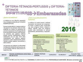 + DIFTERIA-TÉTANOS-PERTUSSIS y DIFTERIA-
TÉTANOS
28
VACUNACIÓN FRENTE A LA TOSFERINA EN EMBARAZADAS PARA PROFESIONALES SANITARIOS. Ministerio de Sanidad. Abril
2016.
 