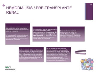 + HEMODIÁLISIS / PRE-TRANSPLANTE
RENAL
Sólo el 20-30% de los niños tienen
una historia completa de vacunación
antes del trasplante.
La respuesta a la vacunación puede
ser subóptima en la enfermedad
crónica, pero generalmente es peor
después del trasplante.
La vacunación, cuando sea necesaria,
se hará en todos los casos
preferentemente en el momento de
la incorporación al programa
de trasplante. Es importante iniciar
y completar la pauta lo más pronto
posible antes del trasplante.
Debe evaluarse el estado
inmunológico de todos los
contactos domiciliarios del
paciente candidato a trasplante, y
actualizar su calendario vacunal.
La inmunización debe concluirse en el
postrasplante si no se completó en el
periodo pretrasplante. Se retomará a
los 6 meses para obtener una mejor
respuesta; si la inmunodepresión es
importante se retrasará hasta que la
inmunodepresión sea menor.
No se detallan en el cuadro las
contraindicaciones generales a las
vacunas que no están directamente
relacionadas con el trasplante. Por lo
tanto, se valorarán asimismo las
contraindicaciones generales a y
específicas a las vacunas
(enfermedad aguda, alergias a los
componentes vacunales, etc...).
58
 