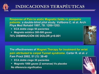 Response of Pain to static Magnetic fields in postpolio patients : a double-blind pilot study. Vallbona C. et al. Arch Phys Med Rehabil 1997, 78: 1200-1203. ECA doble ciego 50 pacientes Magneto estático 300-500 gauss 76% DISMINUCIÓN DE DOLOR p<0.001 The effectiveness of  Magnet Therapy for treatment for wrist pain attributed to carpal Tunnel syndrome . Carter R. et al. J Fam Pract 2002, 51 (1): 38-40 ECA doble ciego 30 pacientes  Magneto 1000 gauss (2 semanas) Vs placebo  No diferencia significativa INDICACIONES TERAPÉUTICAS 