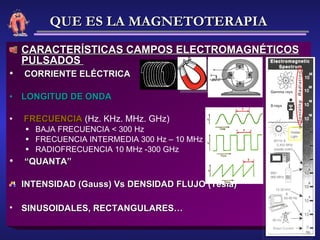 CARACTERÍSTICAS CAMPOS ELECTROMAGNÉTICOS PULSADOS  CORRIENTE ELÉCTRICA LONGITUD DE ONDA FRECUENCIA  (Hz. KHz. MHz. GHz) BAJA FRECUENCIA < 300 Hz FRECUENCIA INTERMEDIA 300 Hz – 10 MHz RADIOFRECUENCIA 10 MHz -300 GHz “ QUANTA” INTENSIDAD (Gauss) Vs DENSIDAD FLUJO (Tesla) SINUSOIDALES, RECTANGULARES…   QUE ES LA MAGNETOTERAPIA 