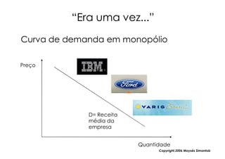 “Era uma vez...”
Curva de demanda em monopólio

Preço




             D= Receita
             média da
             empresa


                          Quantidade
                                Copyright,2006 Moysés Simantob
 