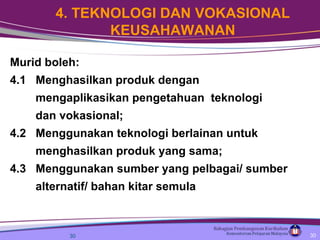 Murid boleh: 4.1  Menghasilkan produk dengan  mengaplikasikan pengetahuan  teknologi  dan vokasional; 4.2  Menggunakan teknologi berlainan untuk  menghasilkan produk yang sama; 4.3  Menggunakan sumber yang pelbagai/ sumber  alternatif/ bahan kitar semula 4. TEKNOLOGI DAN VOKASIONAL KEUSAHAWANAN 