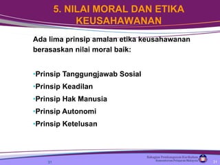 Ada lima prinsip amalan etika keusahawanan berasaskan nilai moral baik: Prinsip Tanggungjawab Sosial Prinsip Keadilan Prinsip Hak Manusia Prinsip Autonomi Prinsip Ketelusan 5. NILAI MORAL DAN ETIKA KEUSAHAWANAN 
