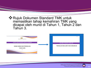 Rujuk Dokumen Standard TMK untuk memastikan tahap kemahiran TMK yang dicapai oleh murid di Tahun 1, Tahun 2 dan Tahun 3. 