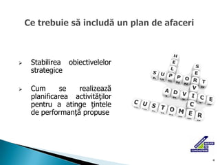 4<br />Ce trebuie să includă un plan de afaceri<br /><ul><li>Stabilirea obiectivelelor strategice 
