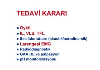 ÖÖykyküü
IL, VLS, TFLIL, VLS, TFL
Ses laboratuarSes laboratuar (akustik/aerodinamik)(akustik/aerodinamik)
LarengealLarengeal EMGEMG
RadyodiagnostikRadyodiagnostik
GAA DL veGAA DL ve palpasyonpalpasyon
pHpH monitorizasyonumonitorizasyonu
TEDAVTEDAV KARARIKARARI
 