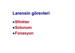 LarLarensin gensin göörevlerirevleri
SSfinkterfinkter
SolunumSolunum
FonasyonFonasyon
 
