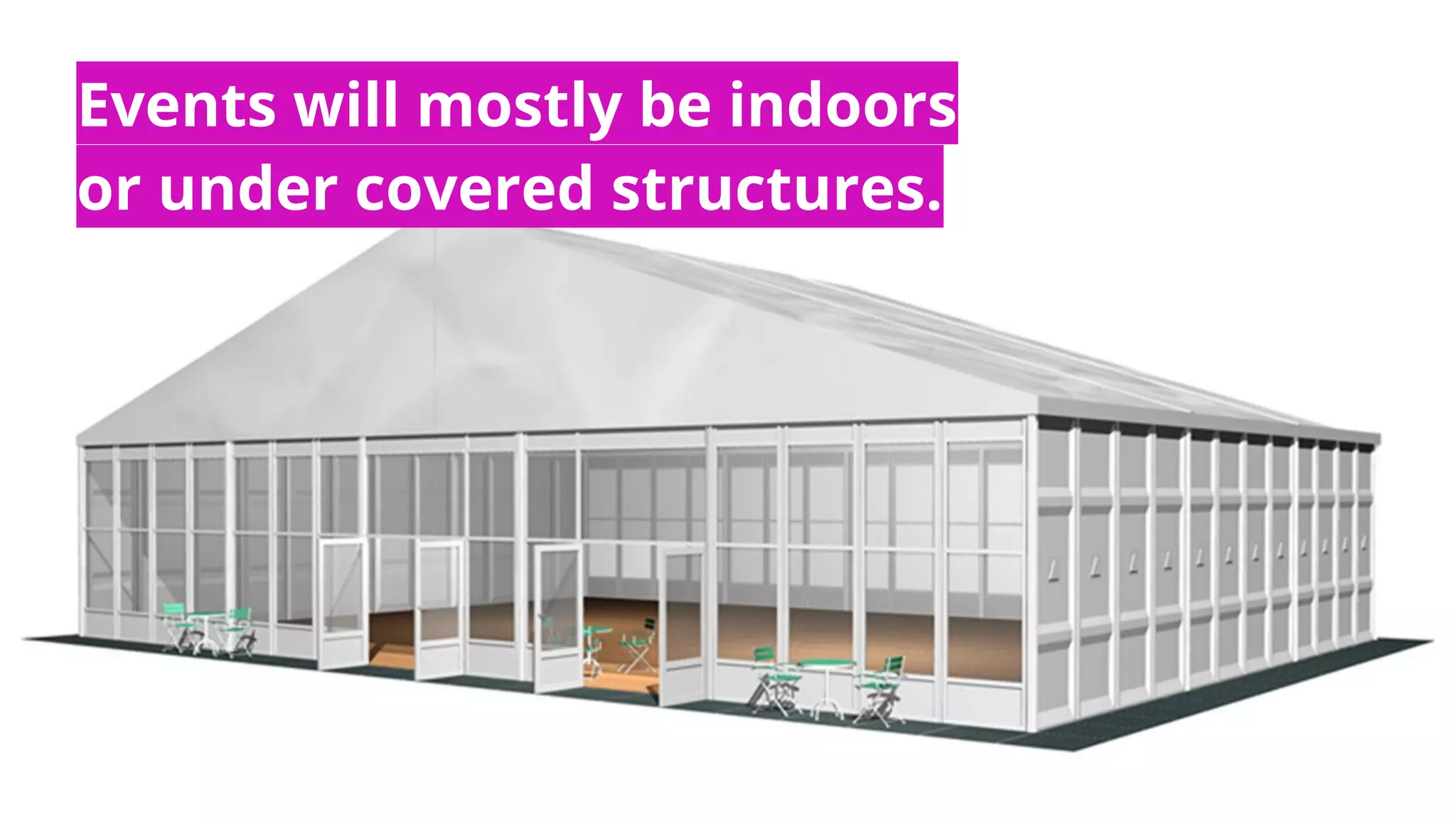 Events will mostly be indoors
or under covered structures.
 