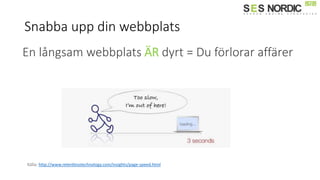 Snabba upp din webbplats
Källa: http://www.relentlesstechnology.com/insights/page-speed.html
En långsam webbplats ÄR dyrt = Du förlorar affärer
 