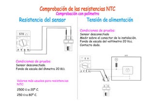 Condiciones de prueba:
Sensor desconectado.
Fondo de escala del óhmetro 20 K.
Valores más usuales para resistencias
NTC:
2500  a 20º C.
250  a 80º C.
Condiciones de prueba:
Sensor desconectado
Medir sobre el conector de la instalación.
Fondo de escala del voltímetro 20 Vcc.
Contacto dado.
 