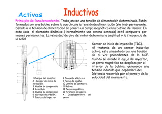 Principio de funcionamiento: Trabajan con una tensión de alimentación determinada. Están
formados por una bobina sobre la que circula la tensión de alimentación (sin imán permanente.
Debido a la tensión de alimentación se genera un campo magnético en la bobina del sensor. En
este caso, el elemento dinámico ( normalmente una corona dentada) está compuesto por
imanes permanentes. La velocidad de giro del rotor determina la amplitud y la frecuencia de
la señal.
1 Cuerpo del inyector.
2 Sensor de inicio de
inyección.
3 Muelle de compresión
4 Arandela.
5 Muelle de compresión
6 Vástago de presión.
7 Tuerca del inyector
8 Conexión eléctrica.
9 Perno de ajuste.
10 Lámina de contacto.
11 Bobina.
12 Perno magnético.
12 Arandela de apoyo.
A Desplazamiento del
perno
Sensor de inicio de inyección (TDI).
Al tratarse de un sensor inductivo
activo, esta alimentado por una tensión
de 4 Vcc procedentes de la UCE.
Cuando se levante la aguja del inyector,
un perno magnético se desplaza por el
interior de la bobina, generando una
tensión inducida que dependerá de:
Distancia recorrida por el perno y de la
velocidad del movimiento.
 