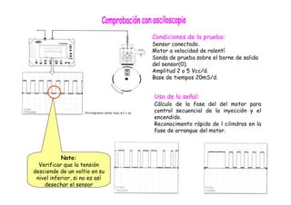 Nota:
Verificar que la tensión
desciende de un voltio en su
nivel inferior, si no es así
desechar el sensor
Condiciones de la prueba:
Sensor conectado.
Motor a velocidad de ralentí
Sonda de prueba sobre el borne de salida
del sensor(0).
Amplitud 2 o 5 Vcc/d.
Base de tiempos 20mS/d.
Uso de la señal:
Cálculo de la fase del del motor para
control secuencial de la inyección y el
encendido.
Reconocimento rápido de l cilindros en la
fase de arranque del motor.
 