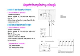 Condiciones de prueba:
Sensor conectado.
Medir sobre la instalación eléctrica
(borne 2).
Seleccionar el polímetro en función de
frecuencímetro.
Condiciones de prueba:
Sensor conectado.
Medir sobre la instalación eléctrica
(borne 2).
Amplitud 2Vcc/d
Base de tiempos 5 mS/d.
Seleccionar la función frecuencia en el
osciloscopio.
Valores más usuales:
100 Hz a ralentí.
160 Hz a plena carga.
 