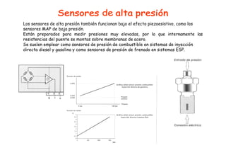 Los sensores de alta presión también funcionan bajo el efecto piezoesistivo, como los
sensores MAP de baja presión.
Están preparados para medir presiones muy elevadas, por lo que internamente las
resistencias del puente se montas sobre membranas de acero.
Se suelen emplear como sensores de presión de combustible en sistemas de inyección
directa diesel y gasolina y como sensores de presión de frenado en sistemas ESP.
 