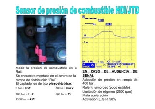 Medir la presión de combustible en el
Rail.
Se encuentra montado en el centro de la
rampa de distribución “Rail”.
El captador es de tipo piezoeléctrico.
0 bar = 0.5V 50 bar = 0.64V
300 bar = 1.3V 600 bar = 2V
1500 bar = 4.5V
EN CASO DE AUSENCIA DE
SEÑAL
Adopción de presión en rampa de
400 bar.
Ralentí rumoroso (poco estable)
Limitación de régimen (2500 rpm)
Mala aceleración.
Activación E.G.R. 50%
 