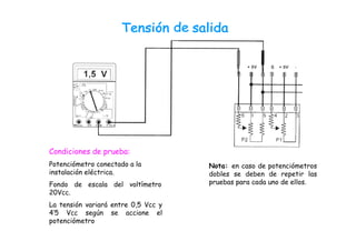 Condiciones de prueba:
Potenciómetro conectado a la
instalación eléctrica.
Fondo de escala del voltímetro
20Vcc.
La tensión variará entre 0,5 Vcc y
4’5 Vcc según se accione el
potenciómetro
Nota: en caso de potenciómetros
dobles se deben de repetir las
pruebas para cada uno de ellos.
 