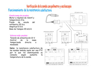 Condiciones de prueba:
Motor a régimen de ralentí y
temperatura fría.
Fondo de escala del
voltímetro 20 Vcc
Amplitud 5 V/d
Base de tiempos 20 mS/d
Valores más usuales:
Tensión de alimentación 12 V
Control de la masa
temporizada directa o
modulada
Nota: la resistencia calefactora de
las sondas lambda suele ser una PTC
por lo que irá disminuyendo su
consumo según aumente la
temperatura de la sonda.
 