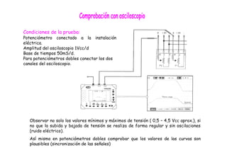 Condiciones de la prueba:
Potenciómetro conectado a la instalación
eléctrica.
Amplitud del osciloscopio 1Vcc/d
Base de tiempos 50mS/d.
Para potenciómetros dobles conectar los dos
canales del osciloscopio.
Observar no solo los valores mínimos y máximos de tensión ( 0,5 – 4,5 Vcc aprox.), si
no que la subida y bajada de tensión se realiza de forma regular y sin oscilaciones
(ruido eléctrico).
Así mismo en potenciómetros dobles comprobar que los valores de las curvas son
plausibles (sincronización de las señales)
 