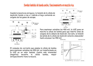 Cuando la mezcla se enriquece, la tensión de la célula de
medición tiende a irse a 1 debido al bajo contenido en
oxígeno de los gases de escape.
Para mantener estables los 450 mV, la UCE pone en
marcha la célula de bomba para que inserte iones de
oxígeno de la cámara de medición. Con esto, la tensión
de salida de la célula de medición volverá a descender
hasta alcanzar los 450 mV.
El consumo de corriente que emplea la célula de bomba
para mantener estables los 450 mV, es transformado en
la UCE en un valor lambda. Cuanta más intensidad
(negativa) necesite la célula bomba, mayor
enriquecimiento tiene la mezcla.
 