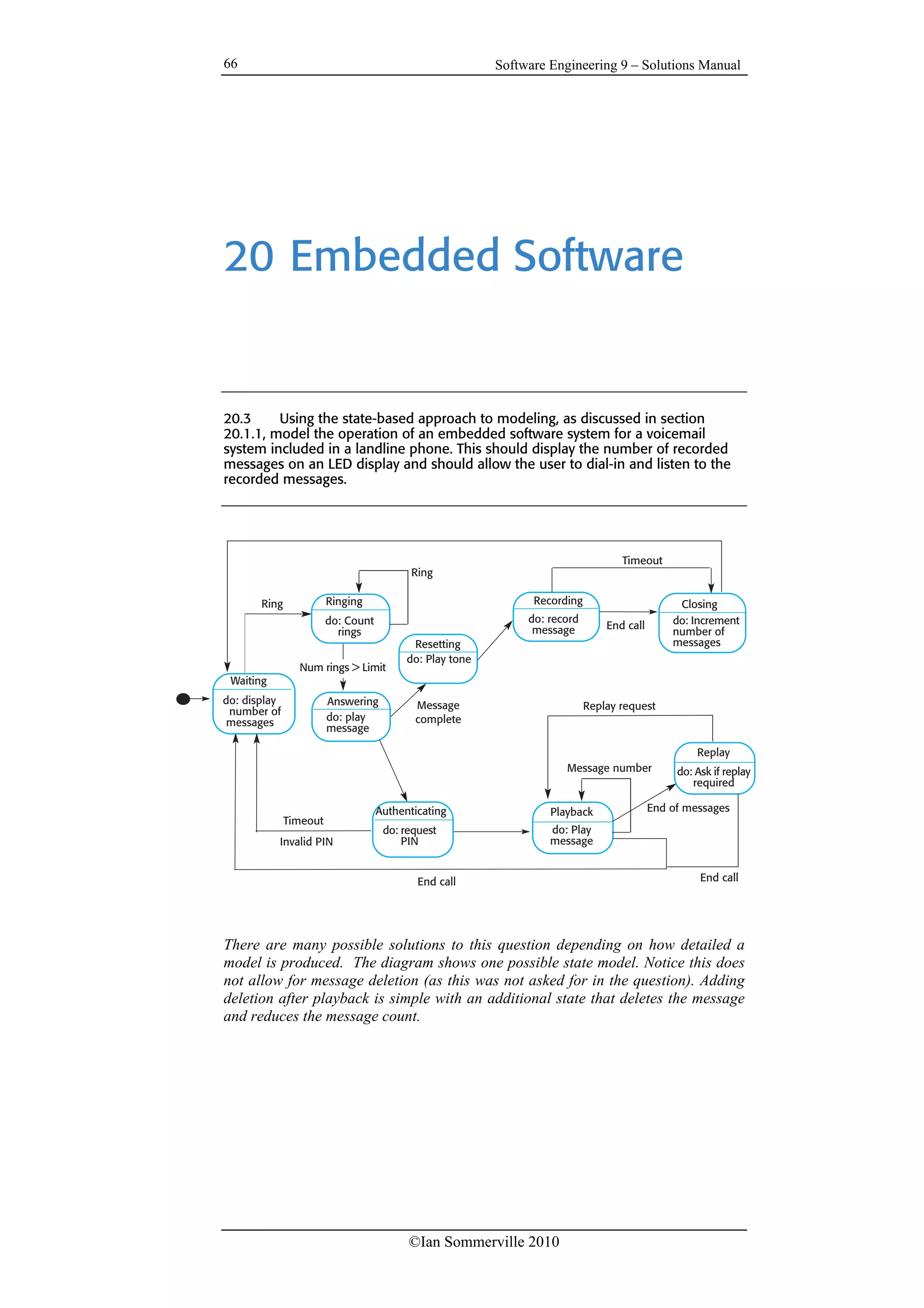Software Engineering 9 – Solutions Manual
©Ian Sommerville 2010
66
20 Embedded Software
20.3 Using the state-based approach to modeling, as discussed in section
20.1.1, model the operation of an embedded software system for a voicemail
system included in a landline phone. This should display the number of recorded
messages on an LED display and should allow the user to dial-in and listen to the
recorded messages.
There are many possible solutions to this question depending on how detailed a
model is produced. The diagram shows one possible state model. Notice this does
not allow for message deletion (as this was not asked for in the question). Adding
deletion after playback is simple with an additional state that deletes the message
and reduces the message count.
Ring
Timeout
Resetting
do: Play tone
Recording
do: record
message
Authenticating Playback
Ringing
do: Count
rings
Waiting
do: display
number of
messages
do: request
PIN
Invalid PIN
Closing
End of messages
do: play
message
Answering Message
complete
Num rings > Limit
Timeout
End call
do: Increment
number of
messages
do: Play
message
Ring
End call
Replay
do: Ask if replay
required
Message number
Replay request
End call
 