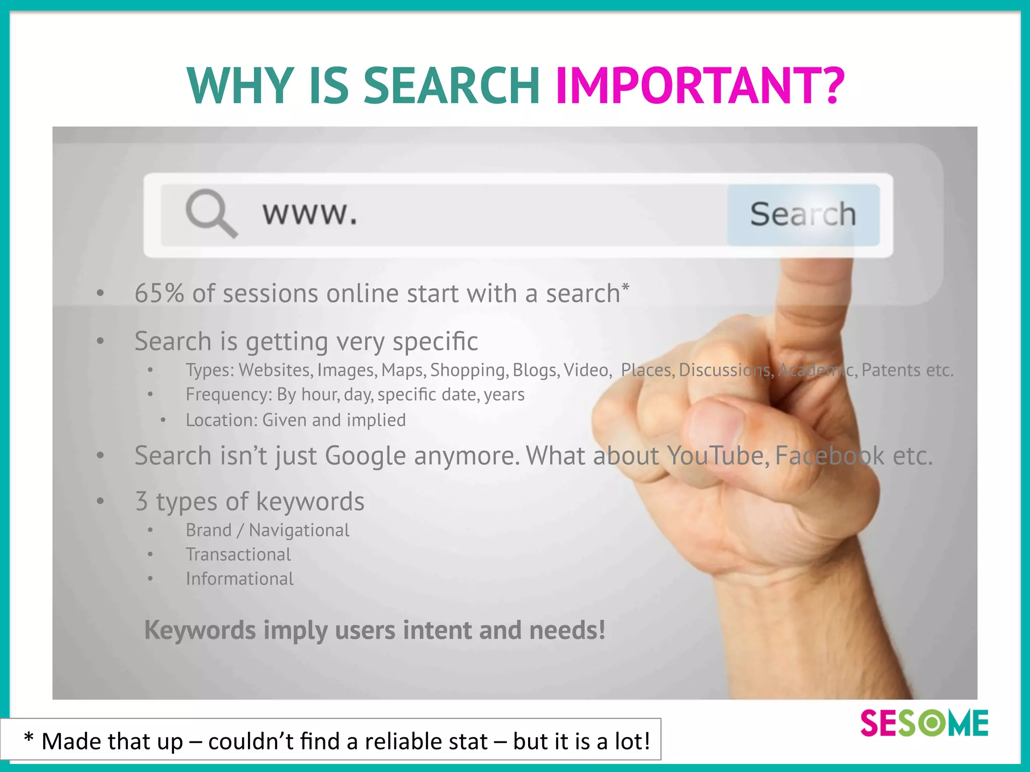 •  65% of sessions online start with a search*
•  Search is getting very speciﬁc
•  Types: Websites, Images, Maps, Shopping, Blogs, Video, Places, Discussions, Academic, Patents etc.
•  Frequency: By hour, day, speciﬁc date, years
•  Location: Given and implied
•  Search isn’t just Google anymore. What about YouTube, Facebook etc.
•  3 types of keywords
•  Brand / Navigational
•  Transactional
•  Informational
Keywords imply users intent and needs!
WHY IS SEARCH IMPORTANT?
*	
  Made	
  that	
  up	
  –	
  couldn’t	
  ﬁnd	
  a	
  reliable	
  stat	
  –	
  but	
  it	
  is	
  a	
  lot!	
  
 
