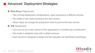 Advanced Deployment Strategies
OpenShift for Developers20 25.09.2018
Blue-Green Deployment
– Two running deployment configurations, each exposed to a different service.
– We create a new route pointing to the new version.
– When ready we change the productive route to point to the new service.
A/B Deployment
– Let’s you try out a new version of the application in a limited way in production.
– We create a weighted route with multiple services.
– Each service is assigned a weight and the requests are distributed accordingly.
 