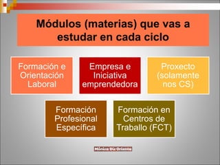 Módulos (materias) que vas a
estudar en cada ciclo
Formación e
Orientación
Laboral
Empresa e
Iniciativa
emprendedora
Proxecto
(solamente
nos CS)
Formación
Profesional
Específica
Formación en
Centros de
Traballo (FCT)
 